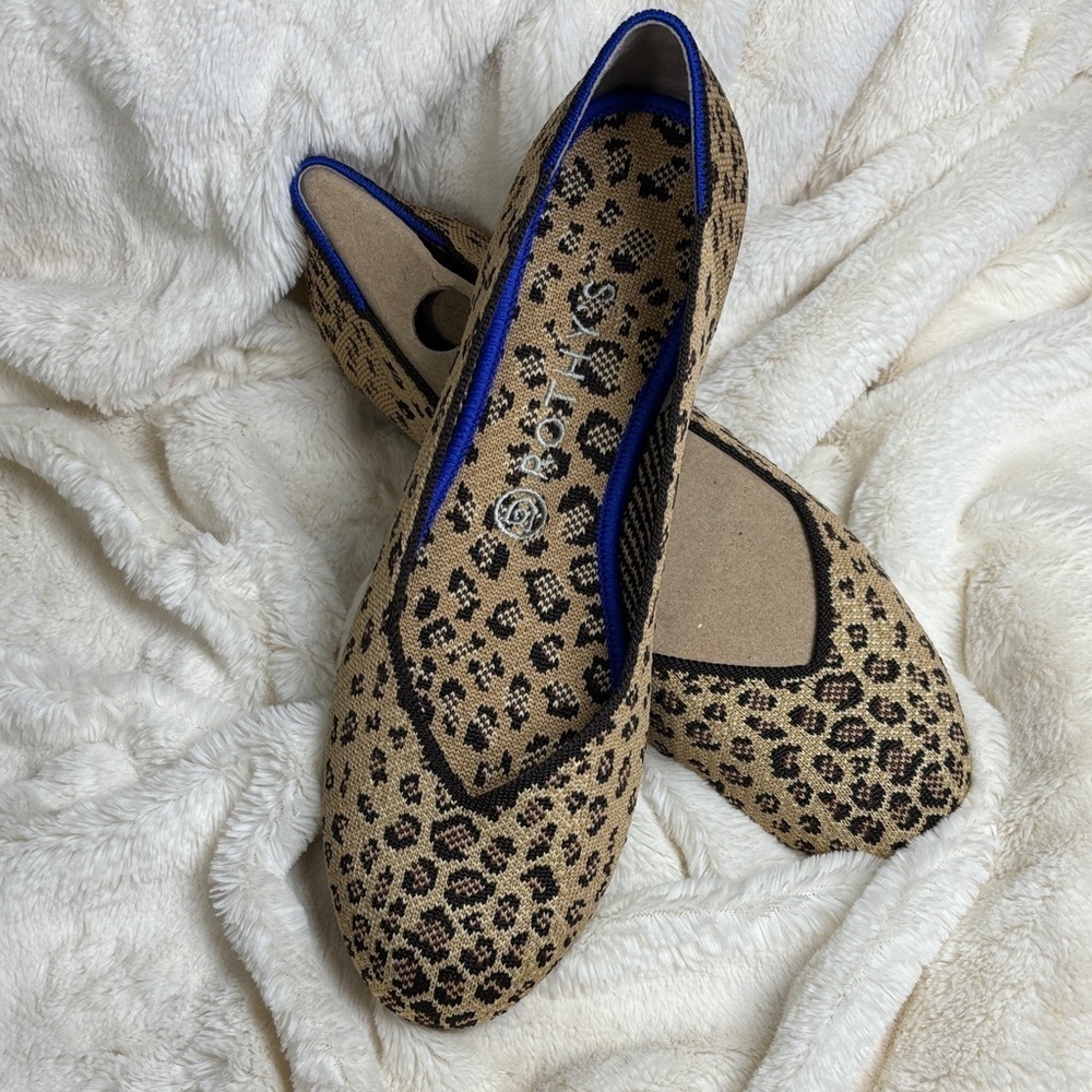 Rothy's The Flat Rounded Toe Leopard Cheetah Print Flats with Blue Trim